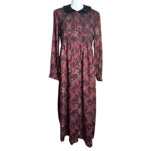 Vtg Molly Malloy Petite Burgundy Floral Plaid Dress Black Velvet Collar Maxi 12